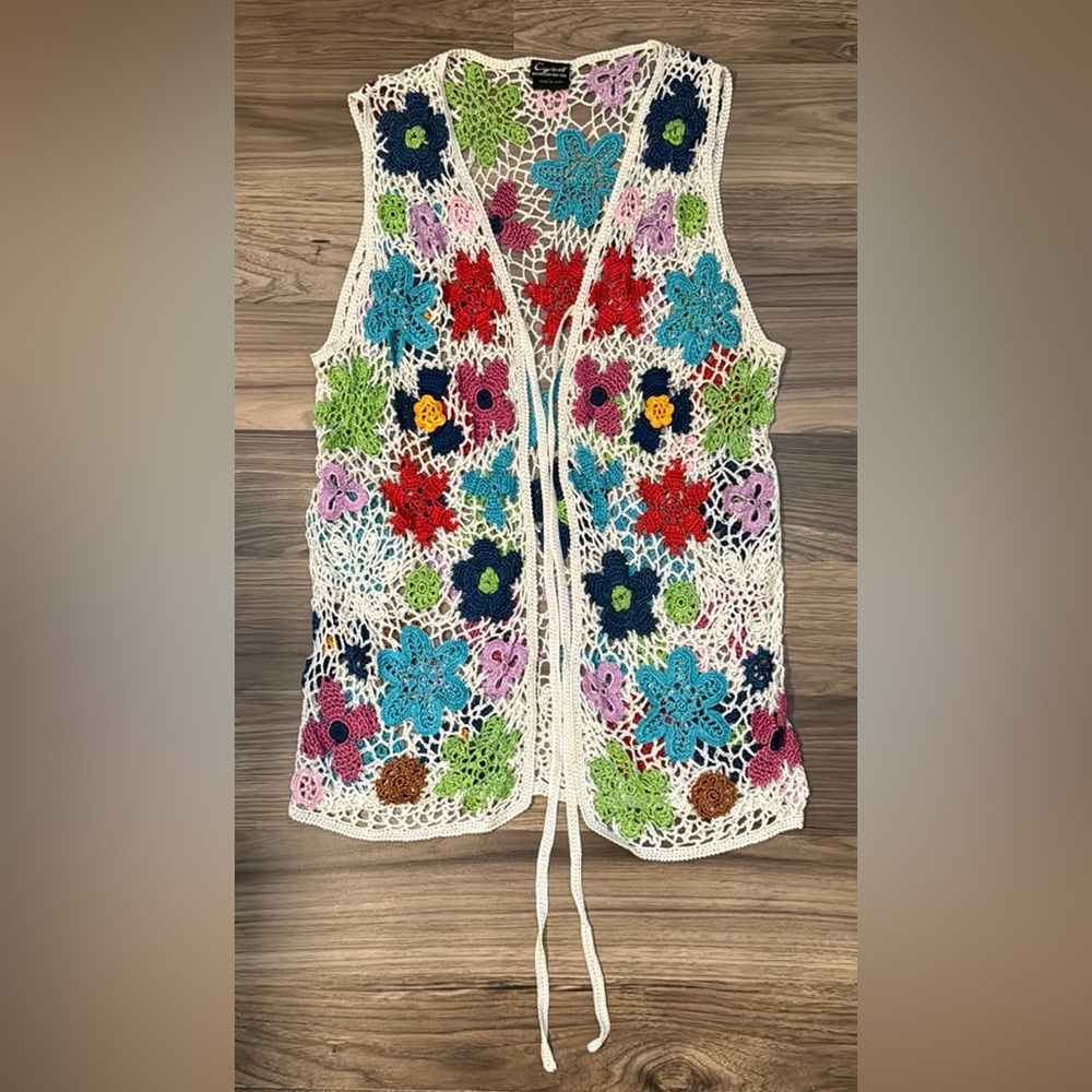 Vintage Floral Crochet Intricate Multicolored Front Tie Vest